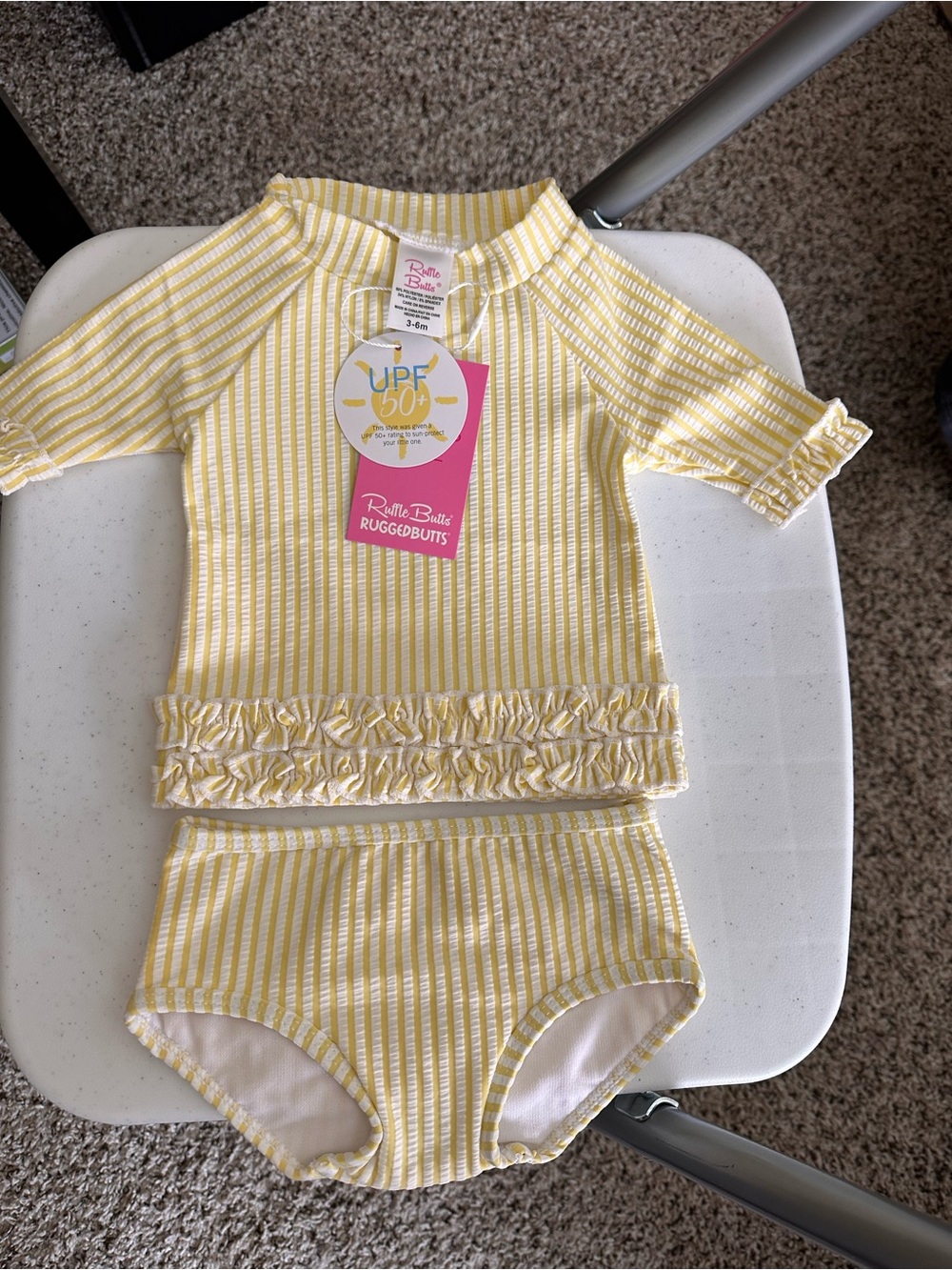 RuffleButts Seersucker Yellow Stripe UPF 50+ Swimsuit Set | 3-6M | NWT